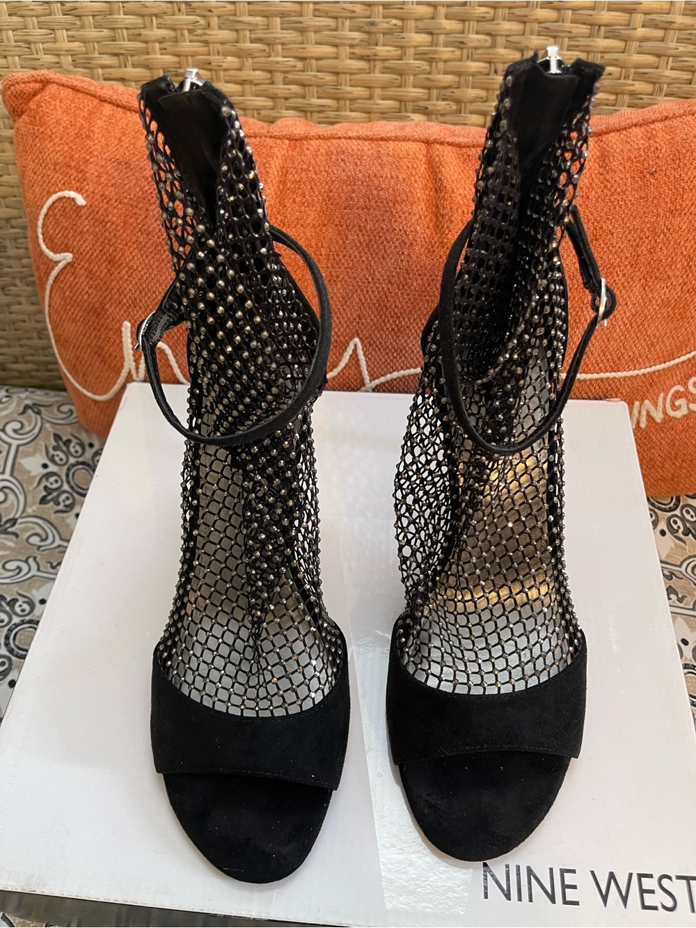 Nine West Black Mesh Ankle-Strap Open-Toe Heels